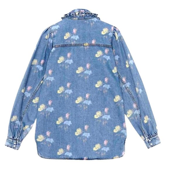 Ganni Printed Indigo Frill Collar Shirt Womens Size 44 US 14 Cottagecore Femme - Picture 2 of 13